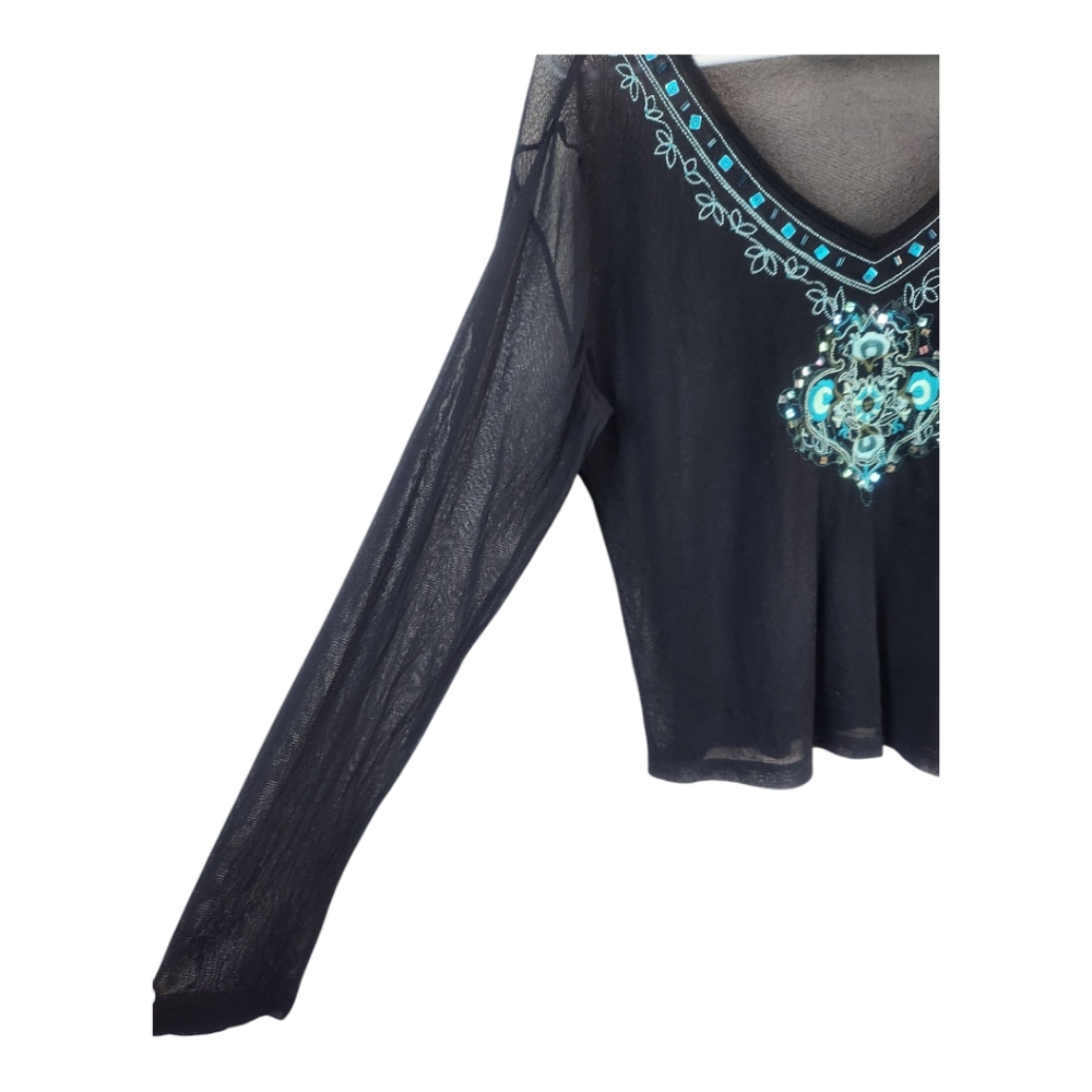 Y2K Vtg Sheer Embellished Top Large Whimsygoth Long Sleeve Embroidered Layer - Picture 5 of 9